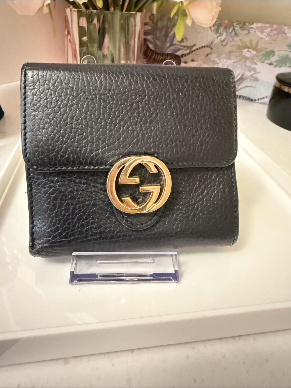Gucci Marmont Black Pebbled Leather Wallet with Gold Double G